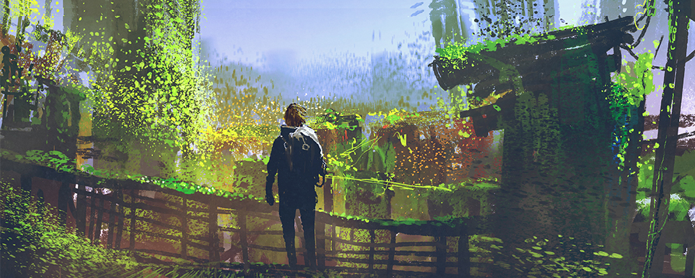 man looking out on a destroyed city covered in vines.